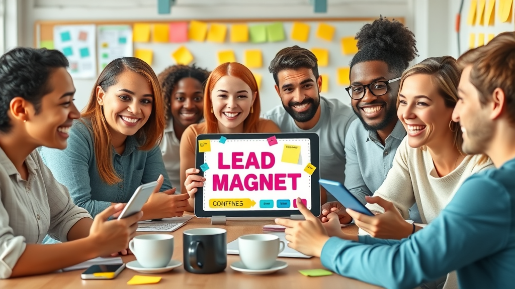 Diverse content creators planning new lead magnet for social media-fueled list growth. Email opt-in and lead magnet strategies in creative workspace.