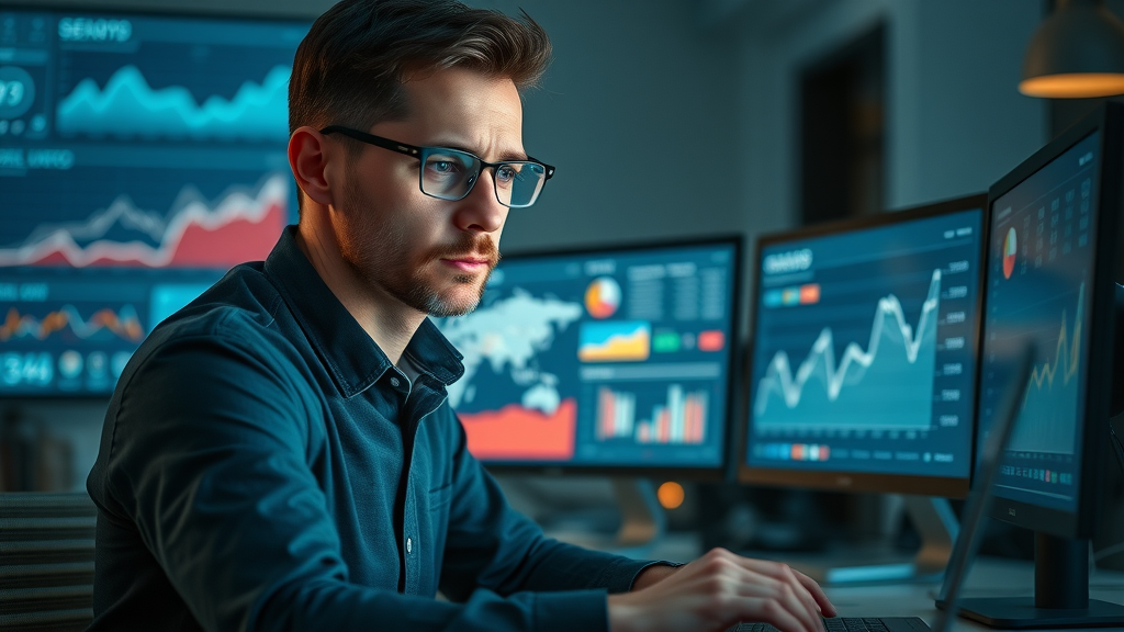 digital marketer analyzing SEO performance dashboard for visibility marketing success