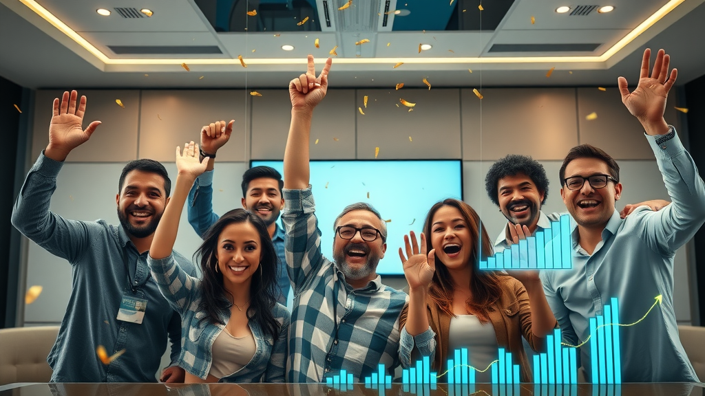 Diverse business teams celebrating rapid subscriber list growth with digital graphs and email icons. Real-world list growth rate success case study scene.