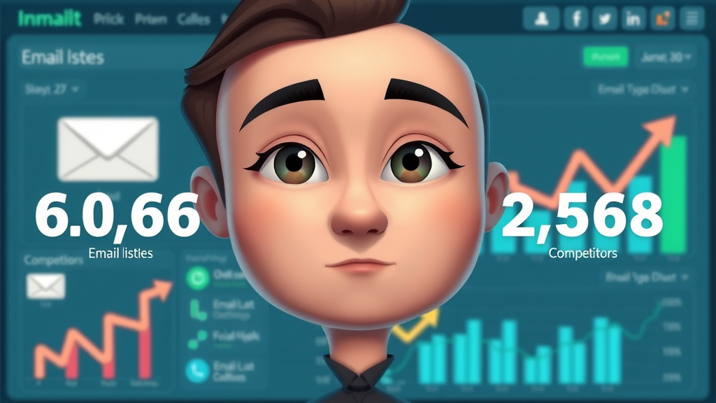 Modern infographic showing email list growth compared to competitors. list growth and average list growth visualized with animated charts, social media icons.