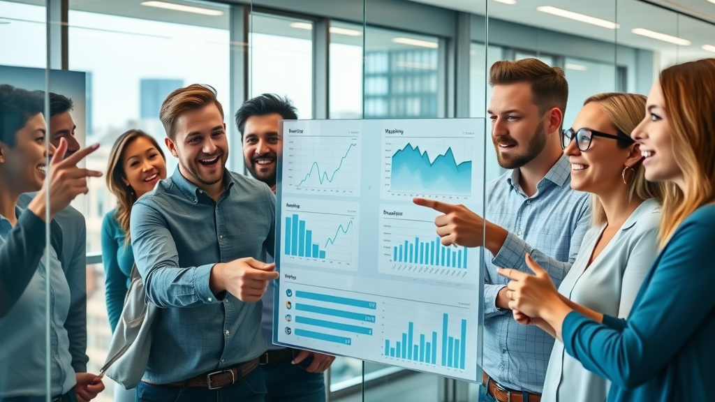 Energetic team of digital marketers analyzing rapid list growth data. list growth and growth rate visualized on digital dashboard, modern office with cityscape view.