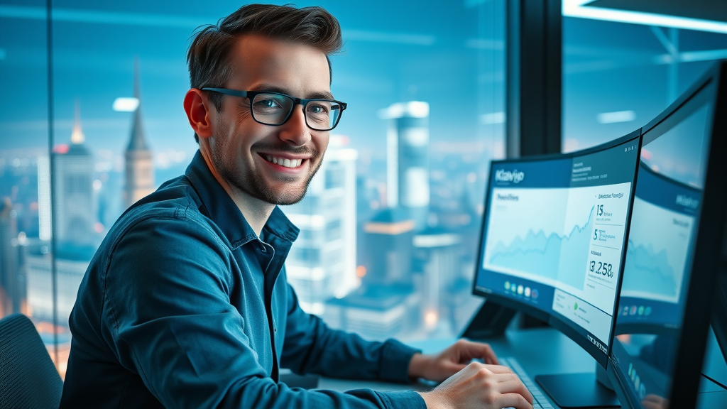 Tech-savvy man tracking email list growth rate and average list metrics in Klaviyo analytics dashboard. Sleek digital marketing setup.