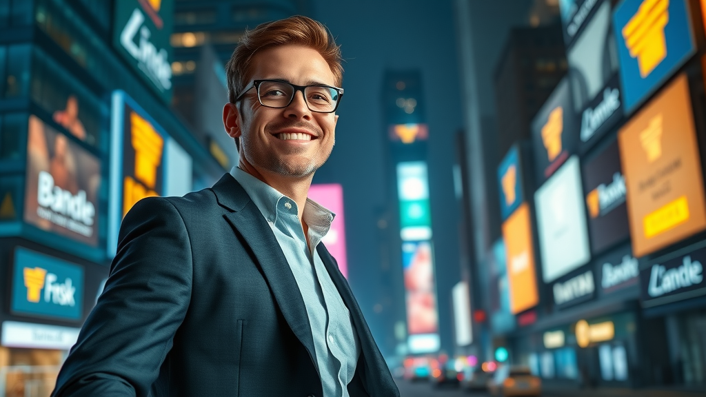 entrepreneur confidently leading with vision in glowing digital marketing cityscape for brand authority
