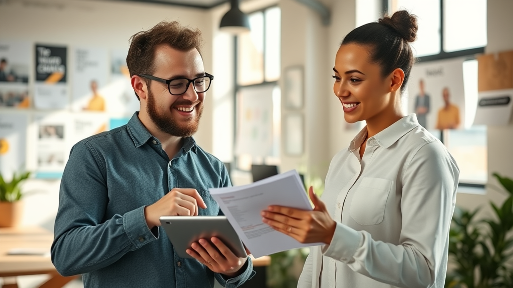 digital marketing expert collaborates with small business owner on content marketing strategy for increased brand visibility