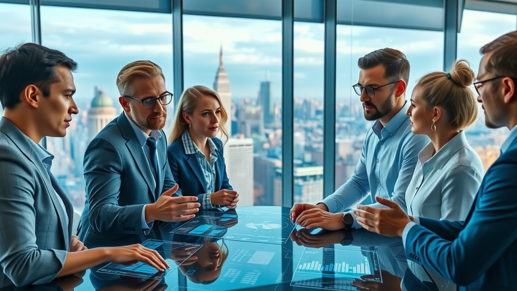 AI-driven marketing trends in 2024: diverse marketing professionals analyzing interactive data in an ultra-modern office with panoramic skyline.