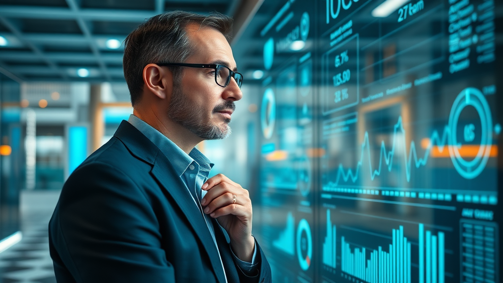 Business leader overseeing real-time AI analytics: digital transformation concept showing data streams and transparent AI dashboards in a high-tech urban environment.