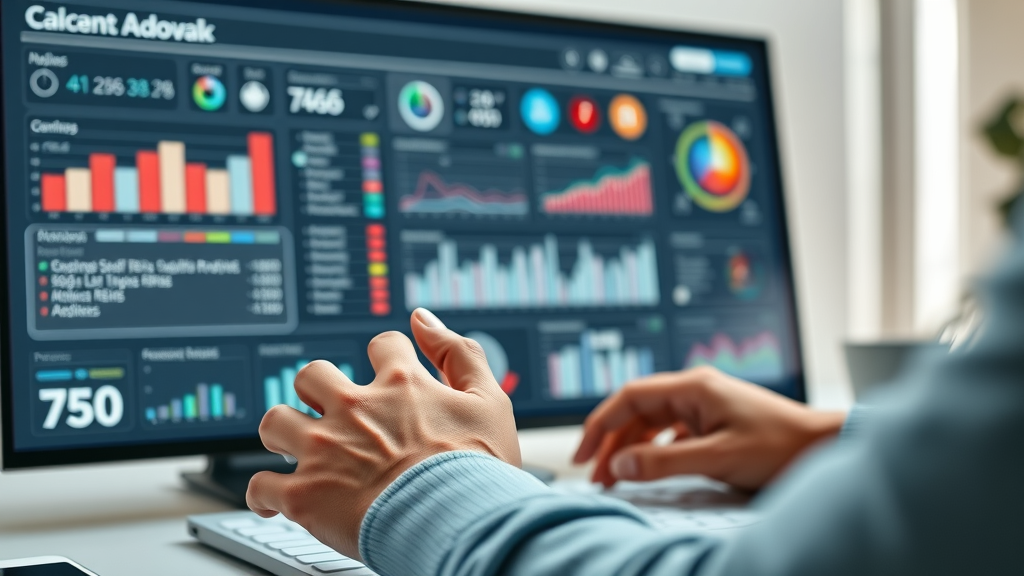 Hands operating advanced AI marketing dashboard: streamlined workspace showing dynamic automation tools and graphs.