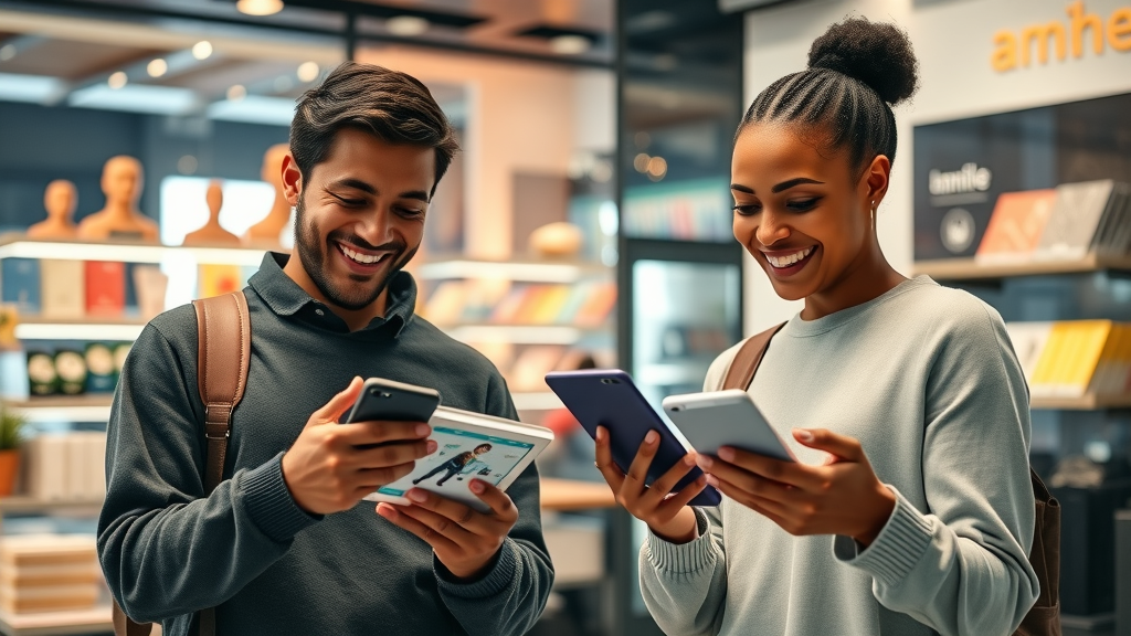 Smiling consumers interacting with AI-powered product suggestions: vibrant digital displays in a sleek e-commerce environment.