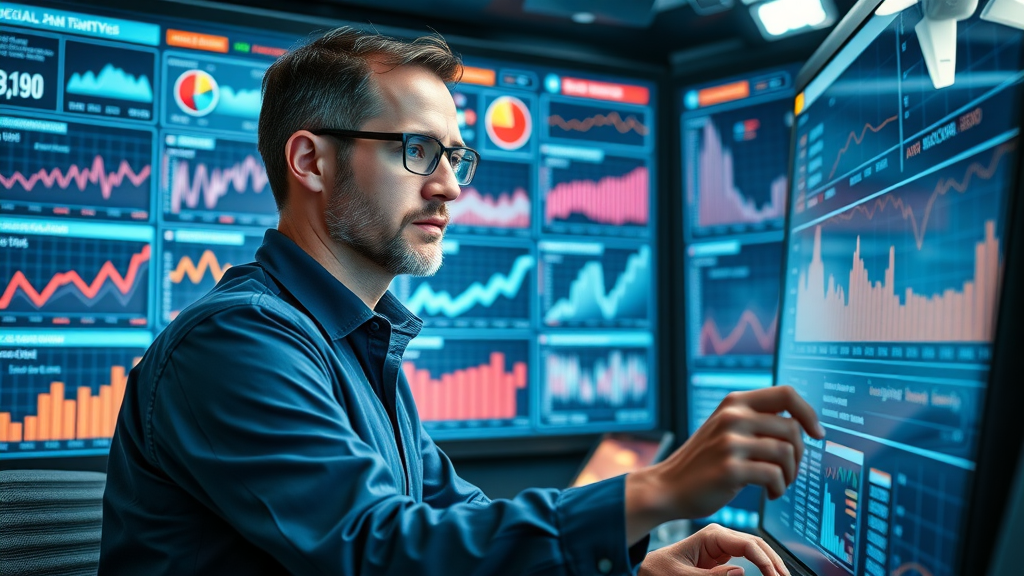 Marketing leader reviewing AI-driven brand sentiment on a real-time social media analytics dashboard in a high-tech control room.