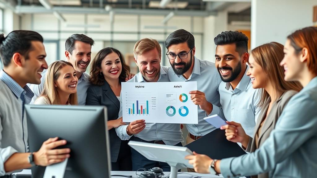 online marketing business team collaborating, strategizing campaign in open office, marketing charts, diverse group, natural lighting