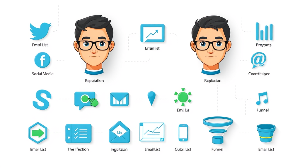 online marketing icons for social media, reputation, email list, and funnels, clean layout, tech elements, blue and green tones