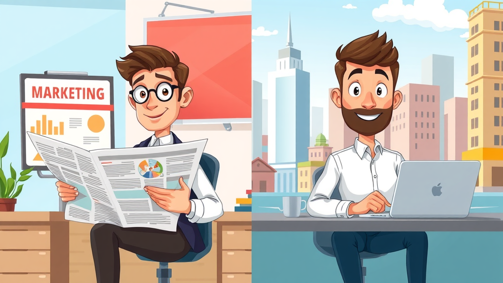side-by-side comparison of traditional and online marketing, billboards vs. laptops and devices