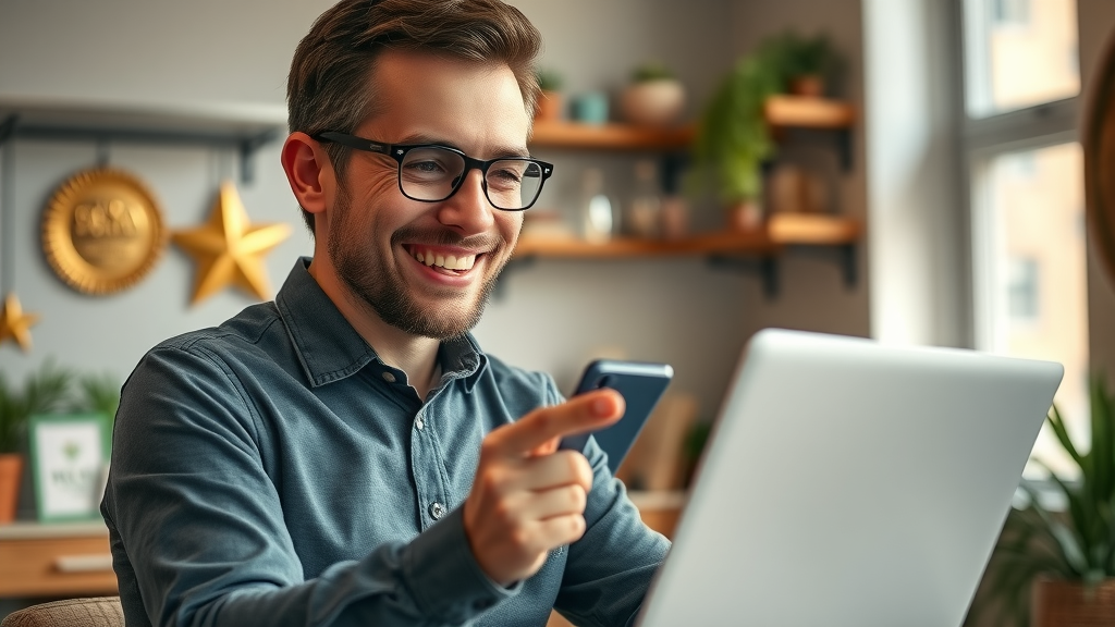 business owner reading positive online reviews for reputation marketing
