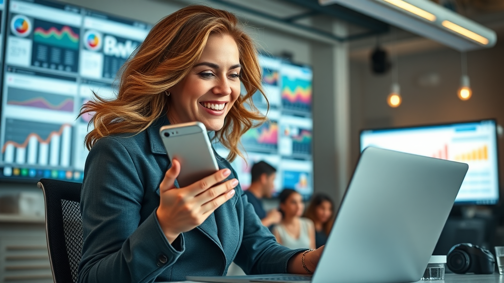 social media manager engaging with audience, office with dashboards
