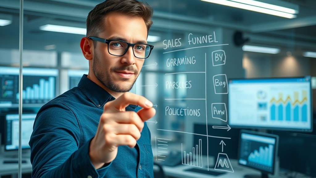 marketer diagramming online sales funnel, modern office with digital screens