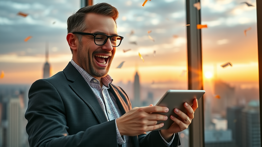 business leader celebrating digital marketing growth, city skyline, confetti, tablet review results